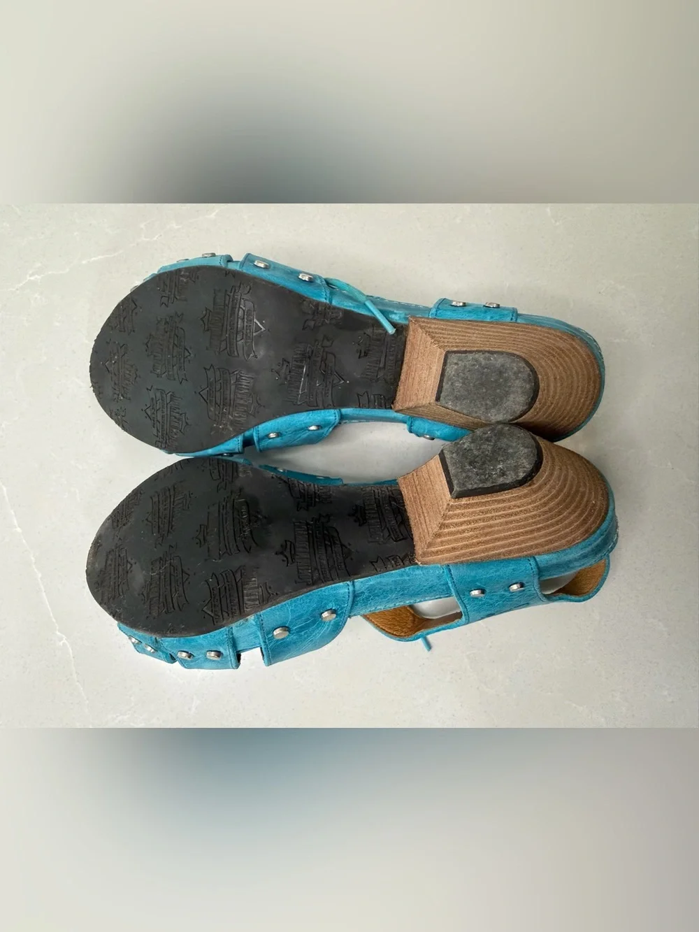 John Fluevog Joni Teal Blue Leather Wood Platform Lace Up Low Rule Sandals, 8
